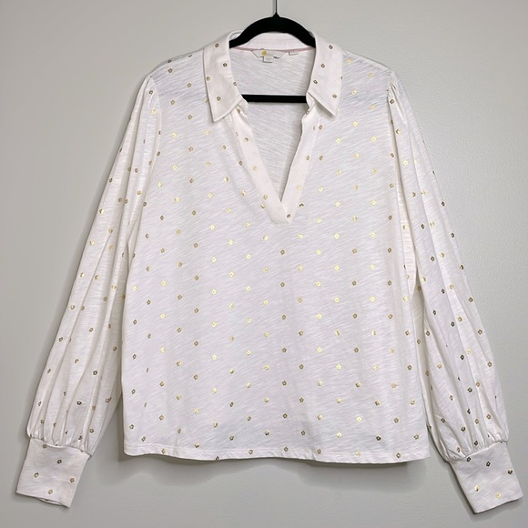 Boden Ivory Gold Metallic Flowers Long Sleeve Cotton Shirt Size 20/22 - Picture 1 of 11